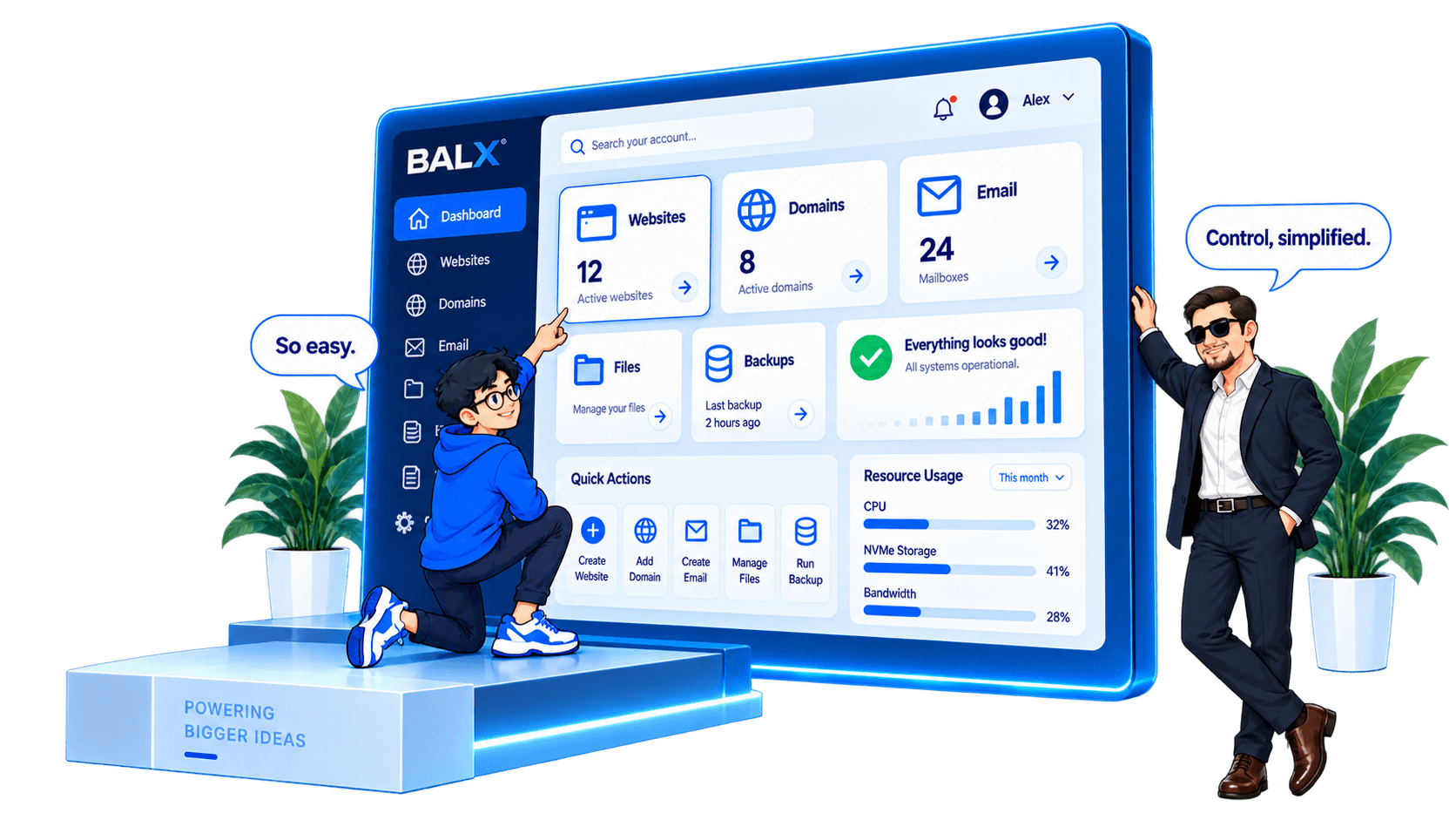 BALX web hosting control panel and characters