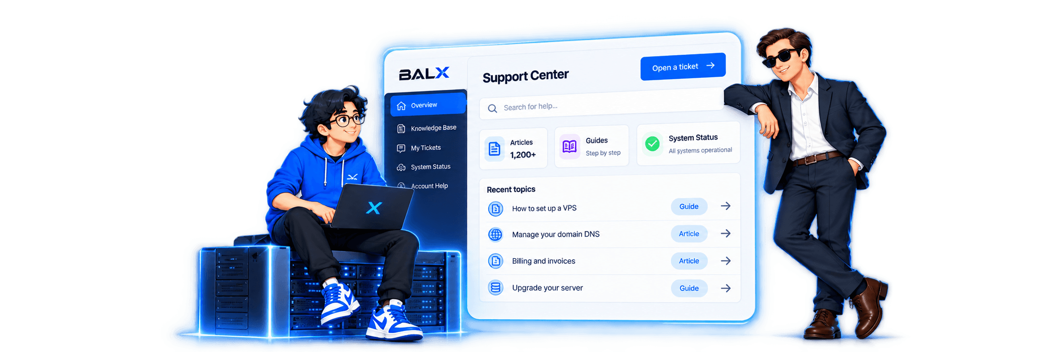 BALX Support Center illustration with engineer and platform health